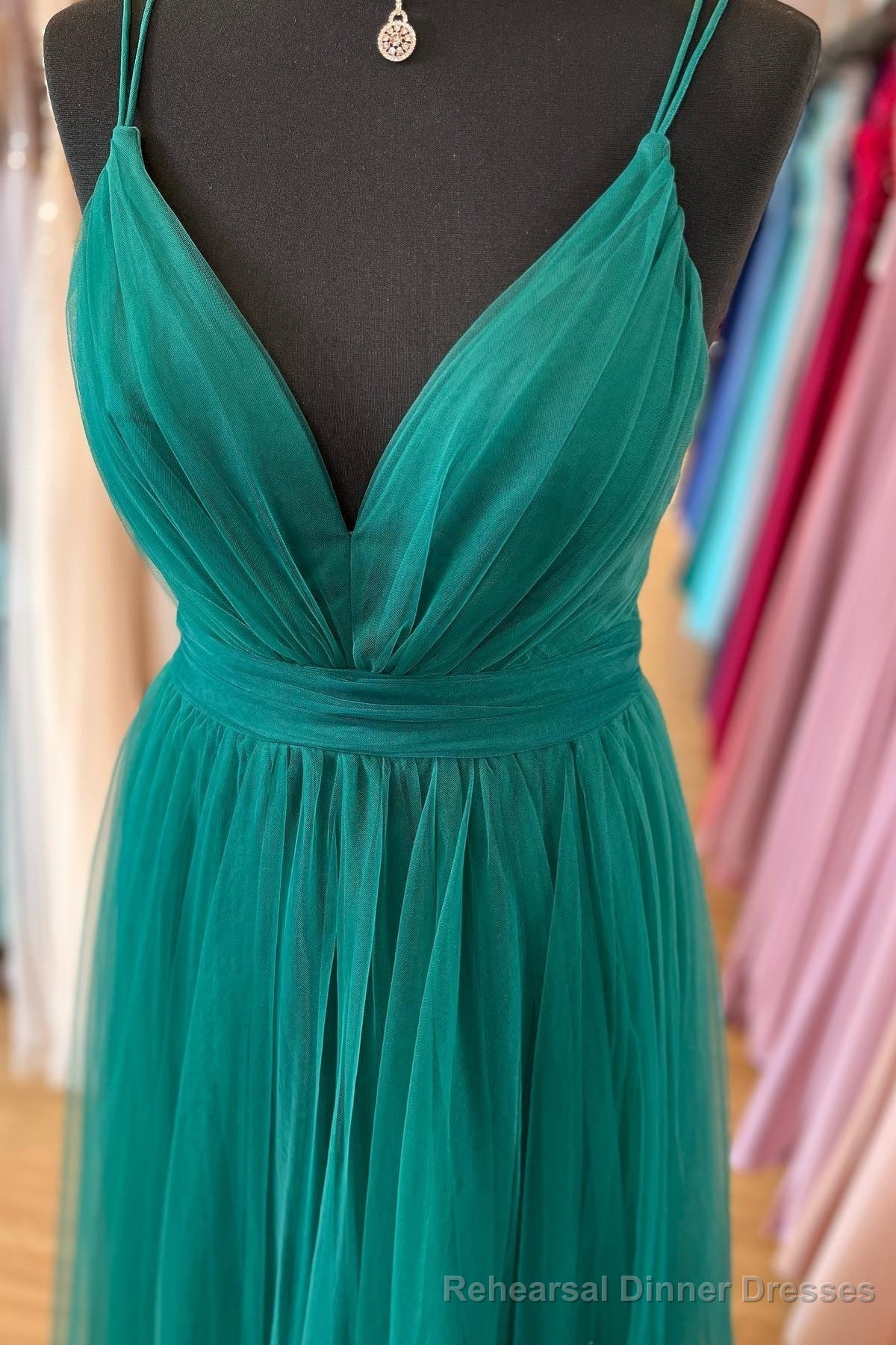 Tulle Skirt Dark Blue Prom Dresses With V-Neckline