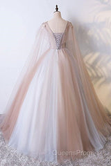 Tulle V Neck Appliques Champagne Long Sleeves Flower Evening Prom Dress