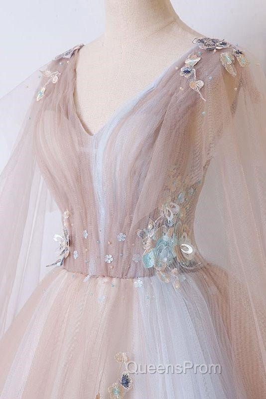 Tulle V Neck Appliques Champagne Long Sleeves Flower Evening Prom Dress