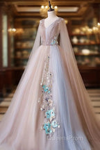 Tulle V Neck Appliques Champagne Long Sleeves Flower Evening Prom Dress