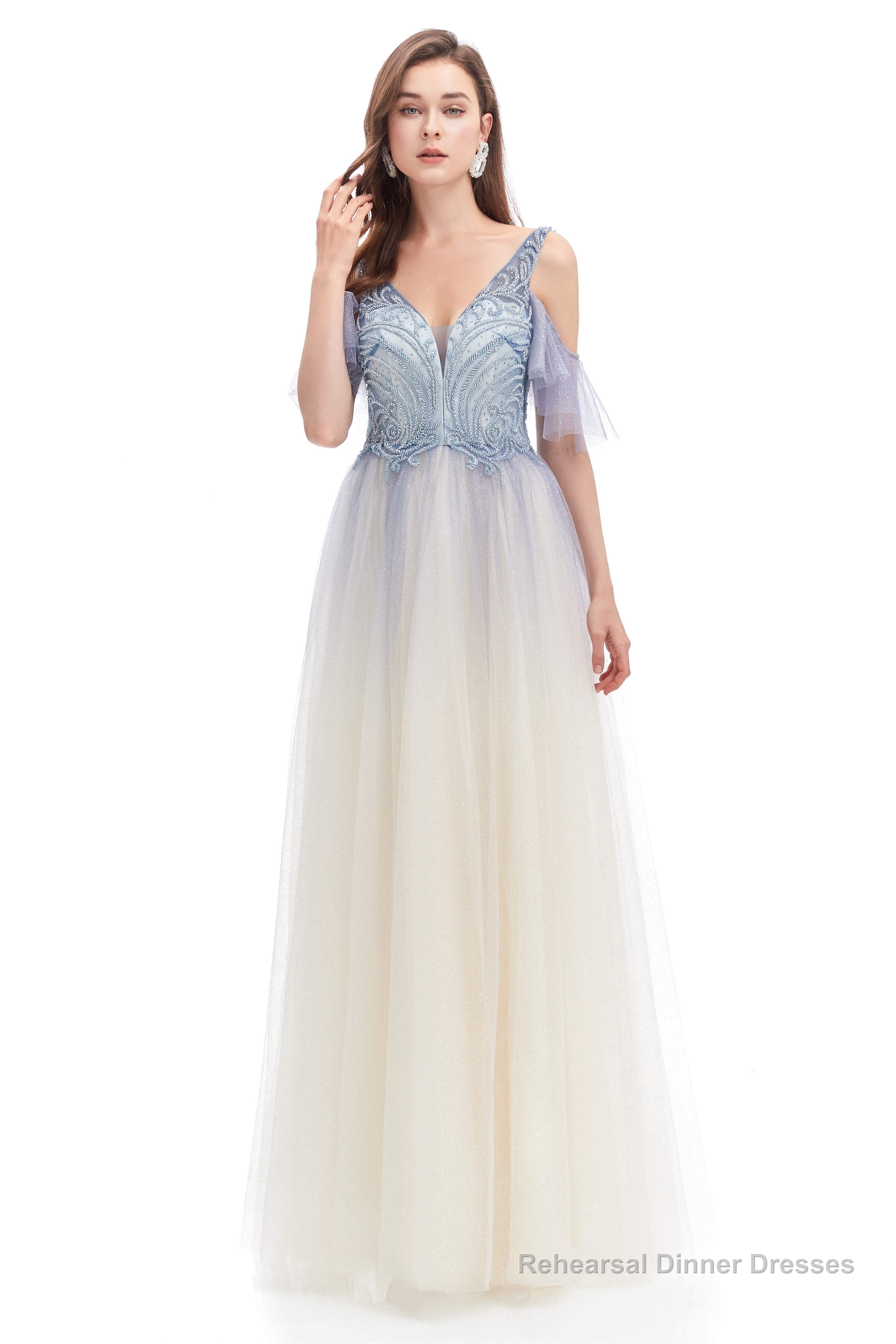 Tulle V-neck Beading Long Prom Dresses Main image