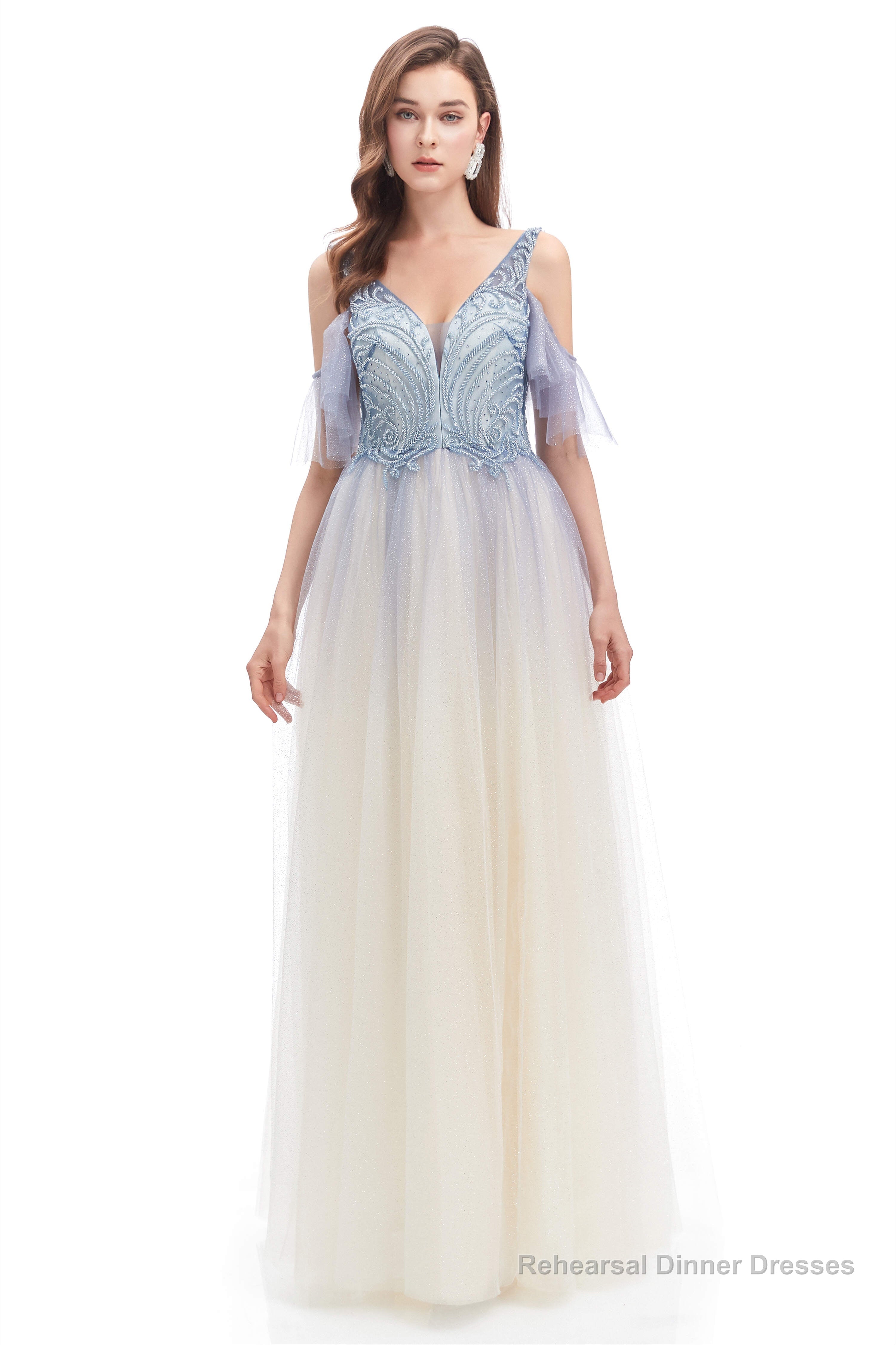 Tulle V-neck Beading Long Prom Dresses Secondary image