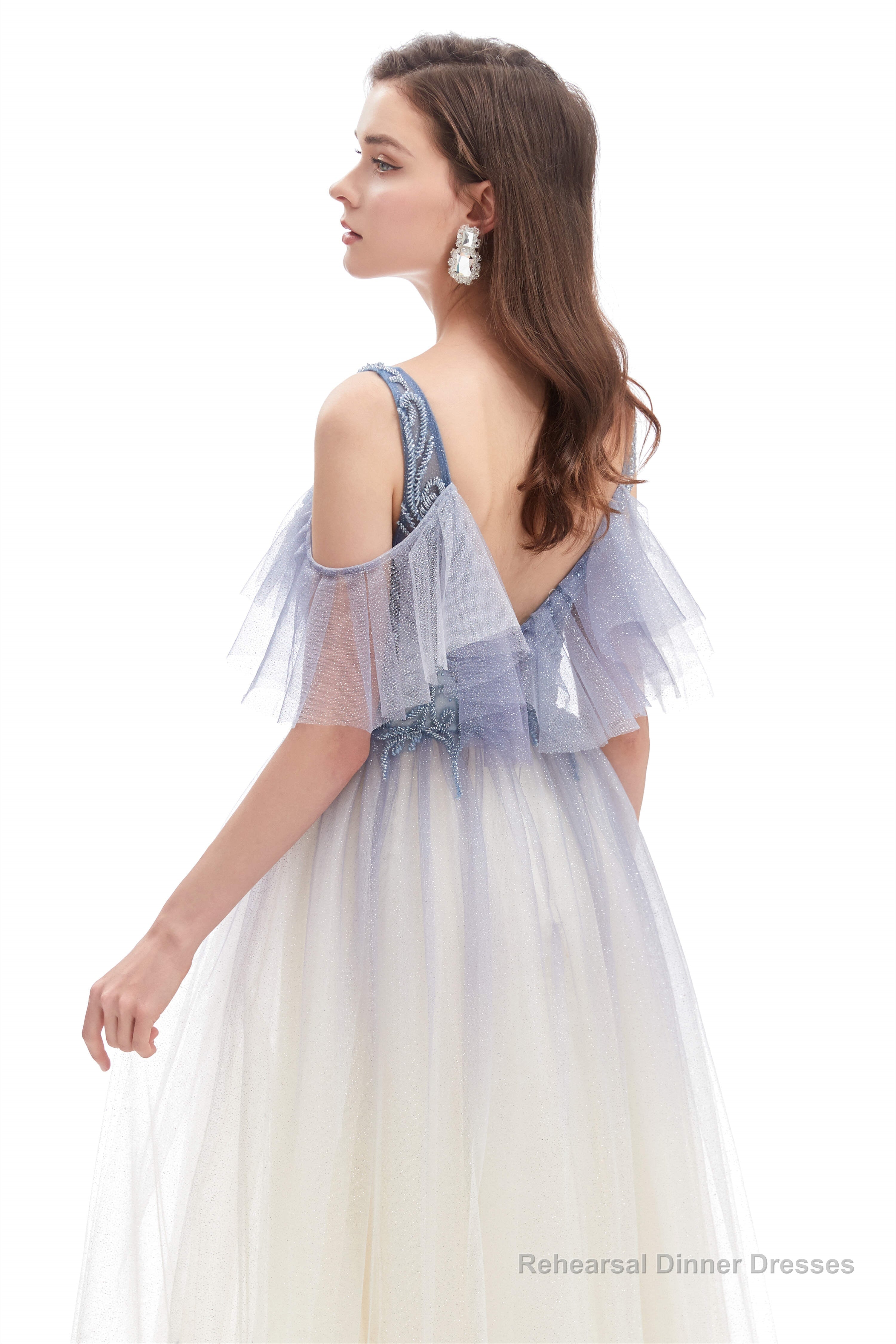 Tulle V-neck Beading Long Prom Dresses