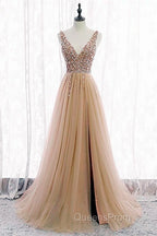 Tulle V Neck Sequins Beaded Dress With Slit