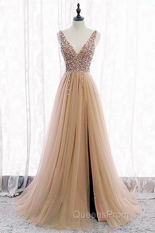 Tulle V Neck Sequins Beaded Dress With Slit