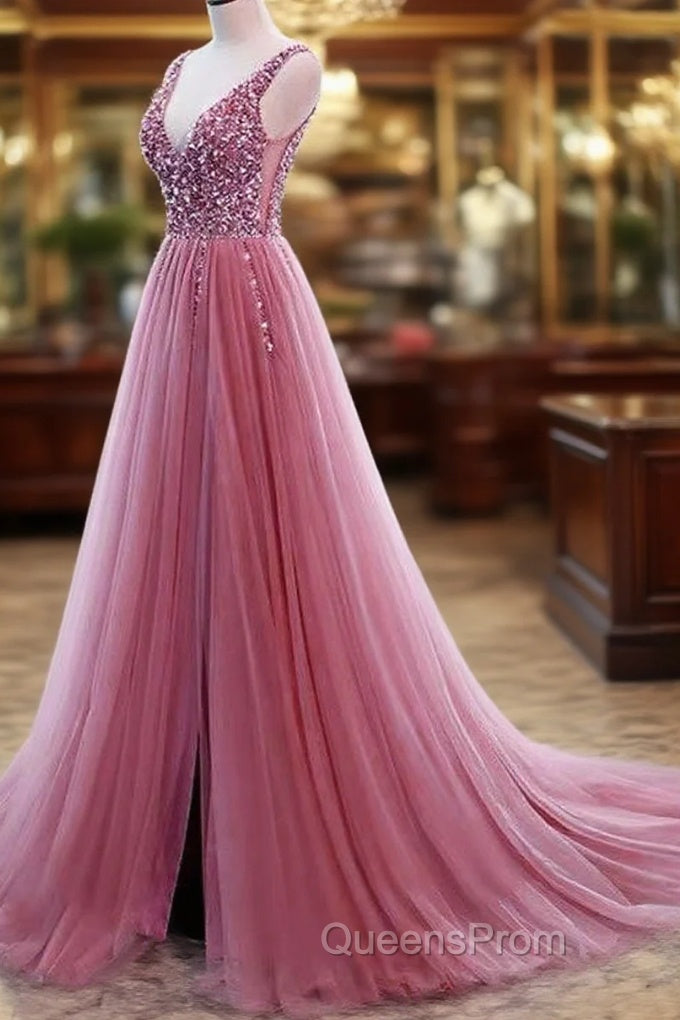 Tulle V Neck Sequins Beaded Dress With Slit Main image