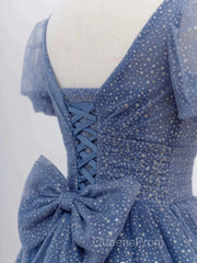 Tulle V Neck Short Sleeve Blue Sparkle Evening Prom Dress With Bow