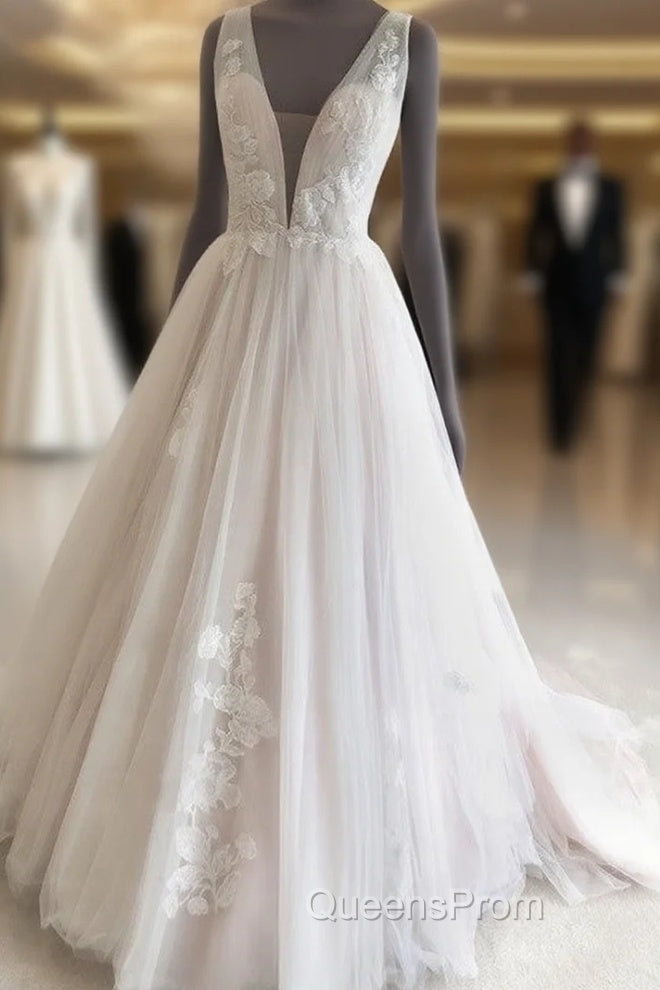 Tulle Wedding Dress Plunge Neck Appliques Main image