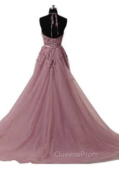Tulle Wisteria Evening Prom Dress A-Line/Princess Scoop Neck Court Train With Appliqued