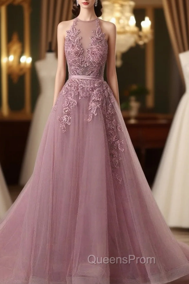 Tulle Wisteria Evening Prom Dress A-Line/Princess Scoop Neck Court Train With Appliqued Main image