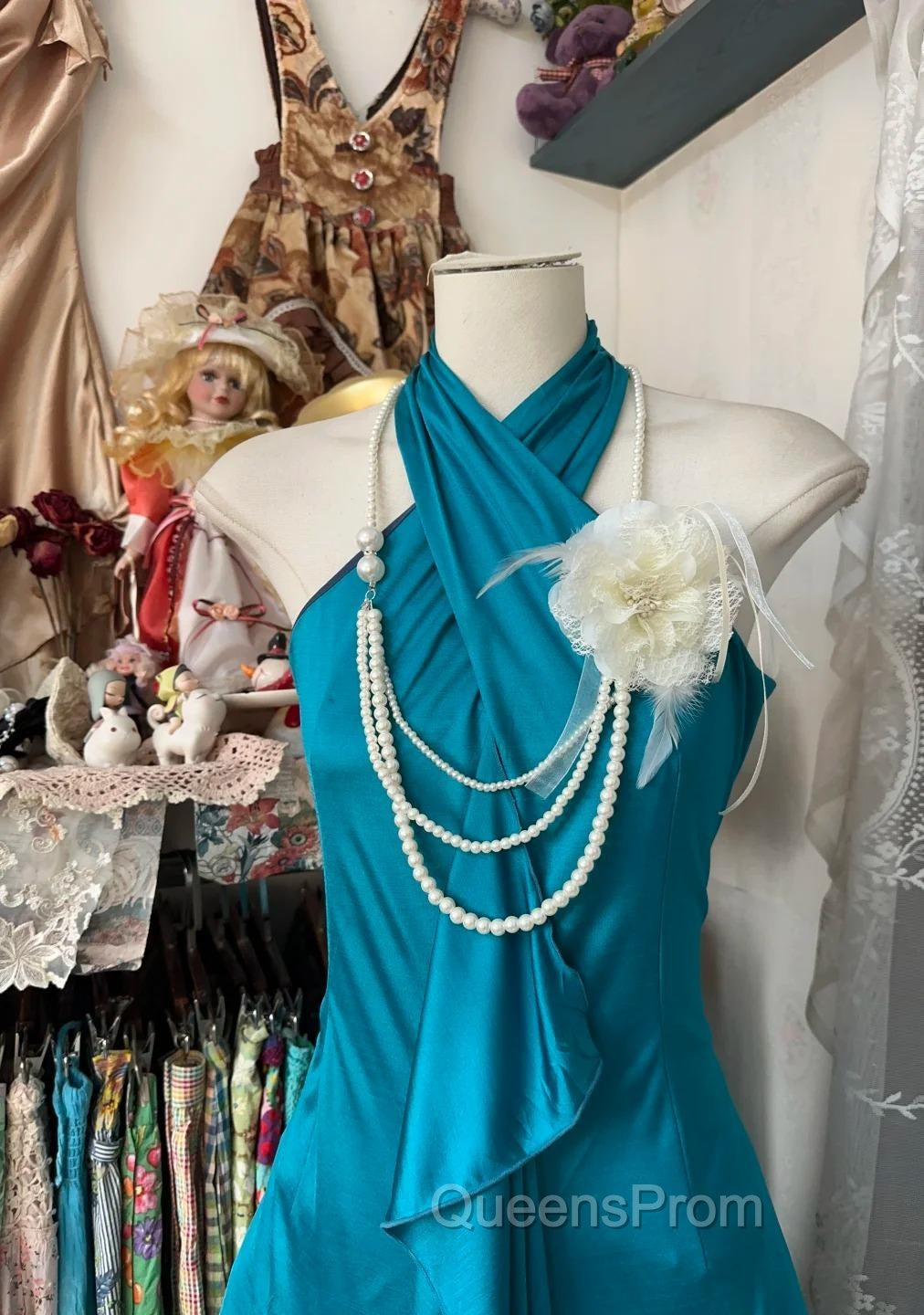 Turquoise A-Line Halter Satin Evening Prom Dress Sexy Sleeveless Party Dress