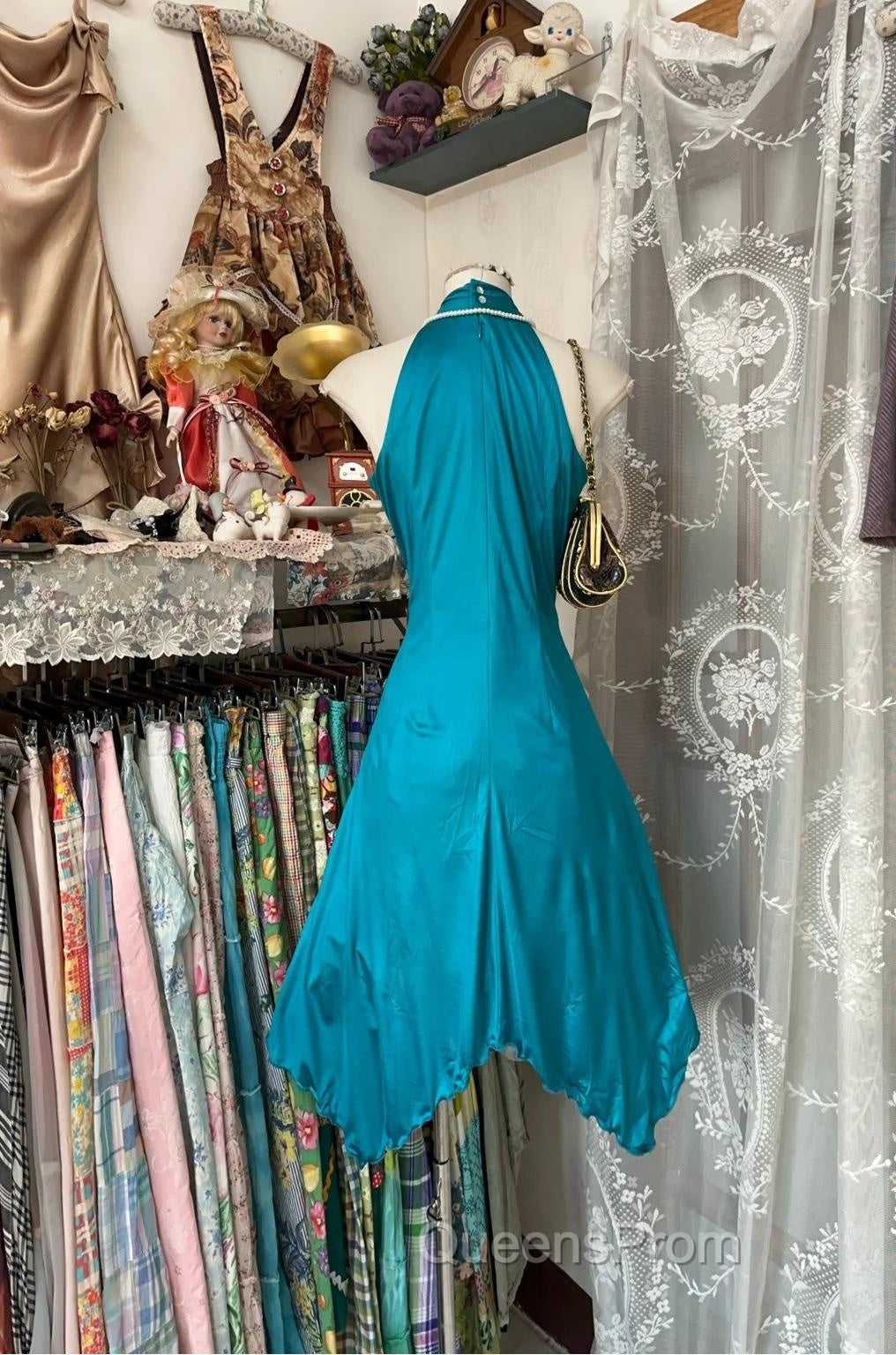 Turquoise A-Line Halter Satin Evening Prom Dress Sexy Sleeveless Party Dress