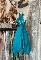 Turquoise A-Line Halter Satin Evening Prom Dress Sexy Sleeveless Party Dress