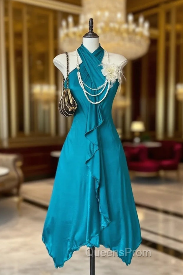 Turquoise A-Line Halter Satin Evening Prom Dress Sexy Sleeveless Party Dress Main image
