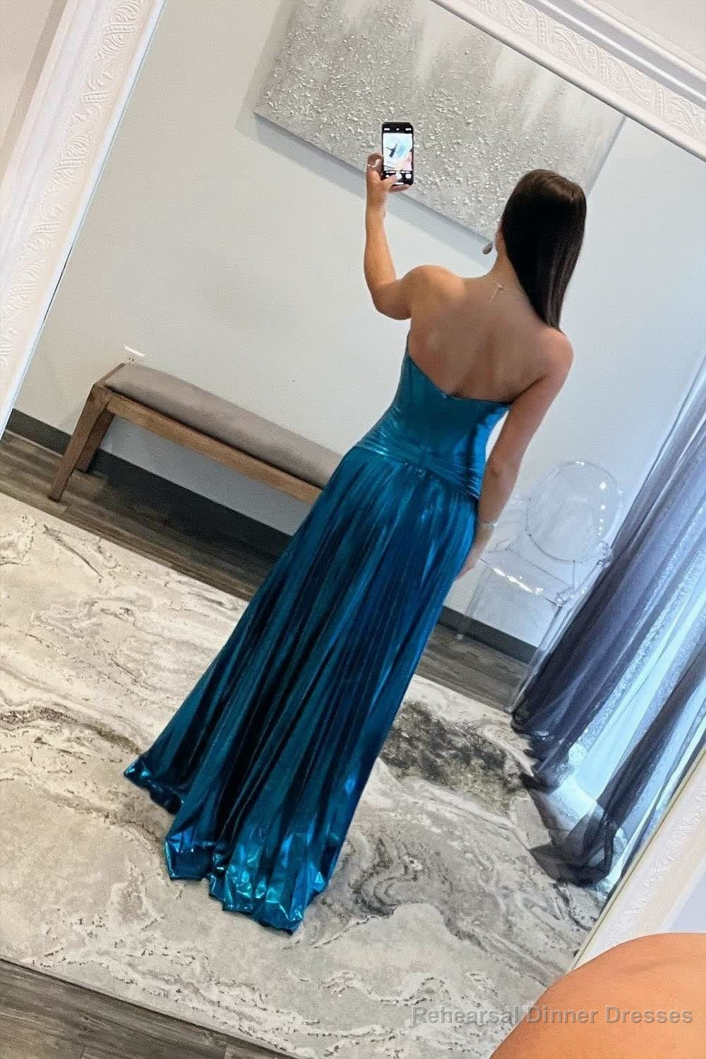 Turquoise Sweetheart Metallic Pleated Long Formal Dress With Slit