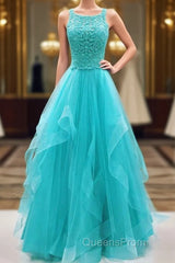 Turquoise Tulle Long Lace Evening Prom Dress, Ruffles Evening Dress