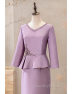 Two Piece Cocktail Dress Elegant Dress Wedding Party Tea Length Long Sleeve V Neck Satin Mother Of The Bride Dress