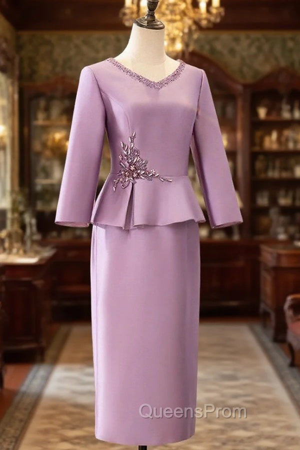 Two Piece Cocktail Dress Elegant Dress Wedding Party Tea Length Long Sleeve V Neck Satin Mother Of The Bride Dress Main image