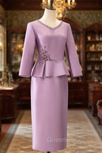 Two Piece Cocktail Dress Elegant Dress Wedding Party Tea Length Long Sleeve V Neck Satin Mother Of The Bride Dress