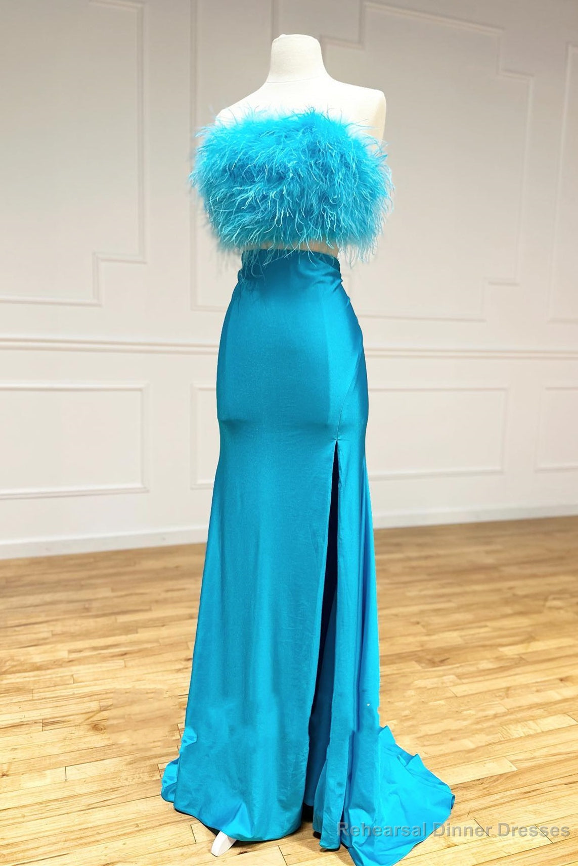 Two-Piece Feathers Strapless Satin Long Prom Dress with Slit Main image