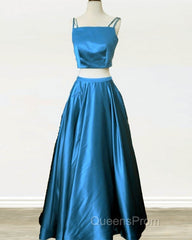 Two Piece Green Satin Evening Prom Dress With Straps