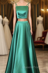 Two Piece Green Satin Evening Prom Dress With Straps