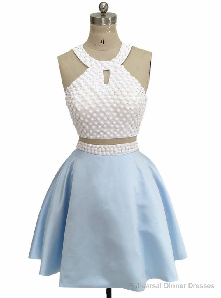 Two Piece Halter Blue Satin White Top Backless Wedding Dress Main image