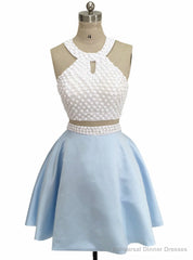 Two Piece Halter Blue Satin White Top Backless Wedding Dress