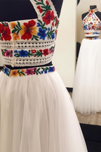 Two Piece High Neck Long Prom Dress with Appliques Sleeveless