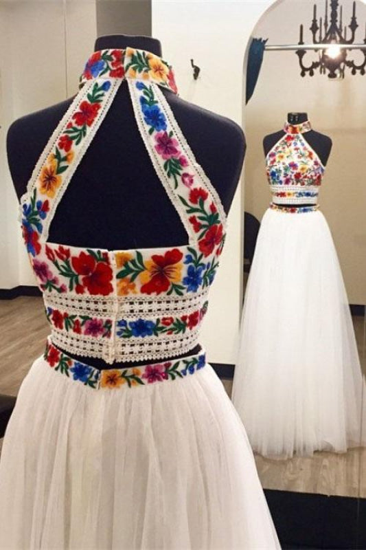 Two Piece High Neck Long Prom Dress with Appliques Sleeveless Main image