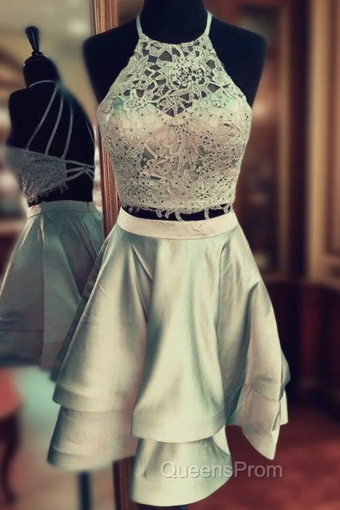 Two Piece Homecoming Dress Lace Crop Open Back