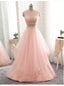 Two Piece Long Prom Dresses Pink Tulle Floor Length Formal Gowns
