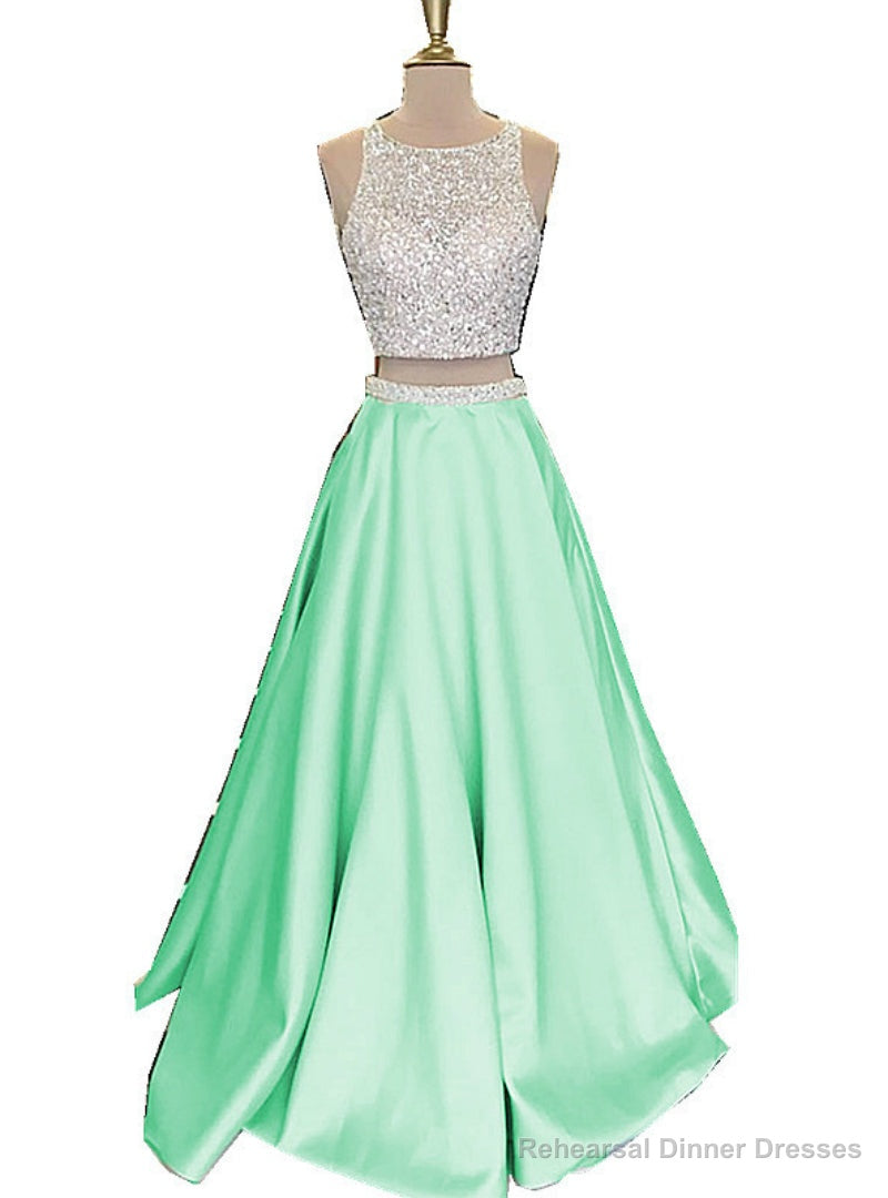 Two Piece Prom Dresses Beautiful Open Back Sequins Mint Satin Prom Dresses Long Main image