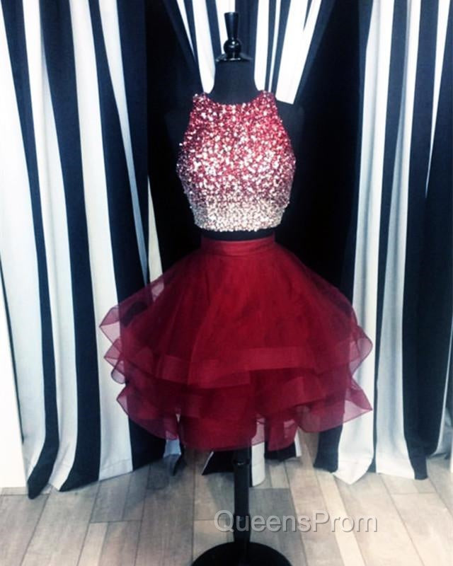 Two Piece Ruffles Ball Gown Homecoming Dress,Navy Blue Semi Formal Dress