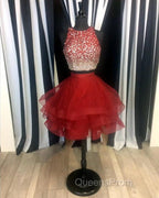 Two Piece Ruffles Ball Gown Homecoming Dress,Navy Blue Semi Formal Dress