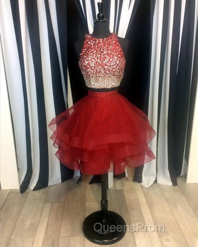 Two Piece Ruffles Ball Gown Homecoming Dress,Navy Blue Semi Formal Dress