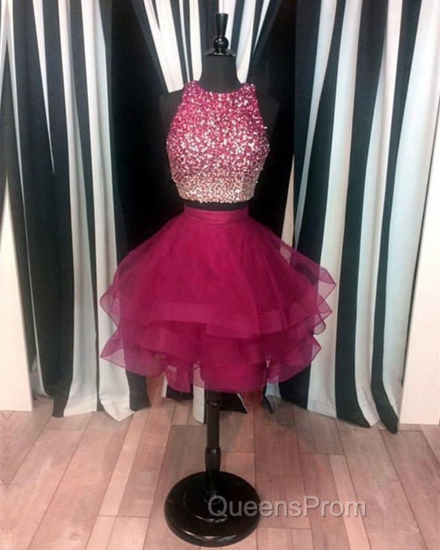 Two Piece Ruffles Ball Gown Homecoming Dress,Navy Blue Semi Formal Dress