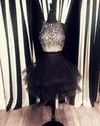 Two Piece Ruffles Ball Gown Homecoming Dress,Navy Blue Semi Formal Dress