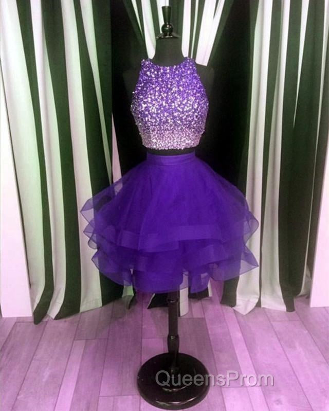 Two Piece Ruffles Ball Gown Homecoming Dress,Navy Blue Semi Formal Dress