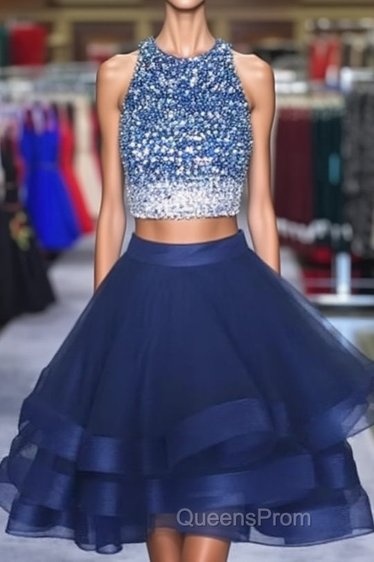 Two Piece Ruffles Ball Gown Homecoming Dress,Navy Blue Semi Formal Dress Main image