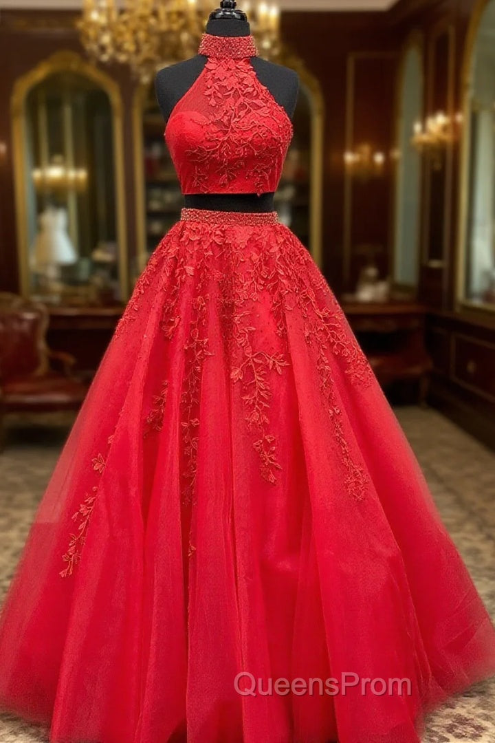 Two Piece Tulle Ball Gowns Quinceanera Dress Beaded High Neck With Lace Embroidery