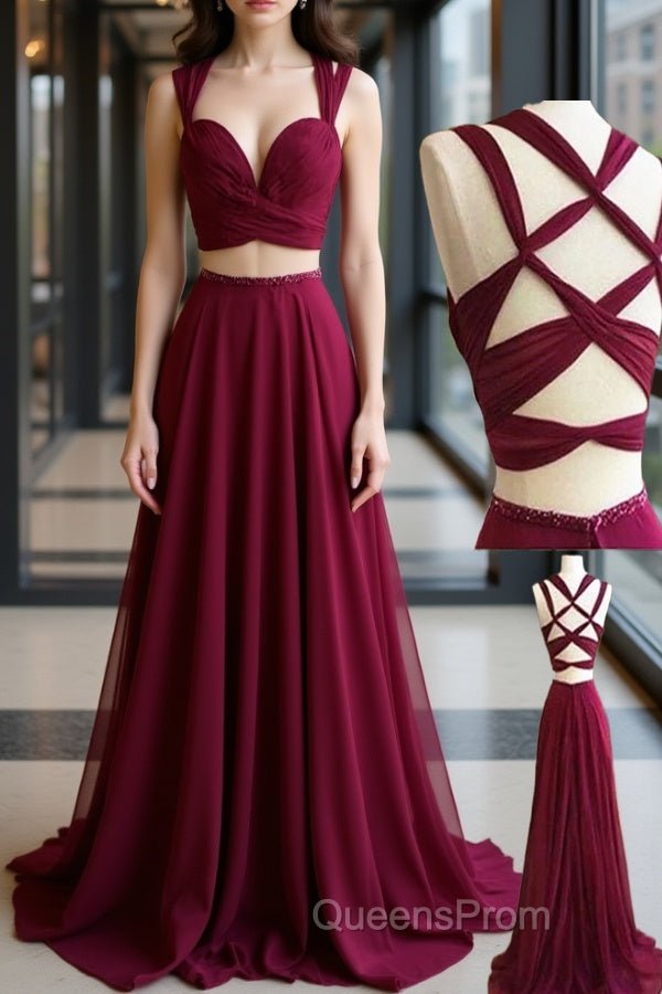 Two Pieces Burgundy Chiffon Long Evening Prom Dress, 2 Pieces Wine Red Long Formal Evening Dress Main image