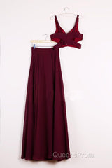 Two Pieces Burgundy Long Evening Prom Dress, Dark Wine Red 2 Pieces Long Formal Bridesmaid Dress