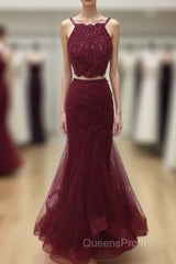 Two Pieces Halter Neck Mermaid Tulle Maroon Evening Prom with Beadings, Maroon Formal, Evening