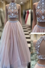 Two Pieces High-Neck Beaded Tulle Long Champagne Evening Prom Dress, Evening Dress