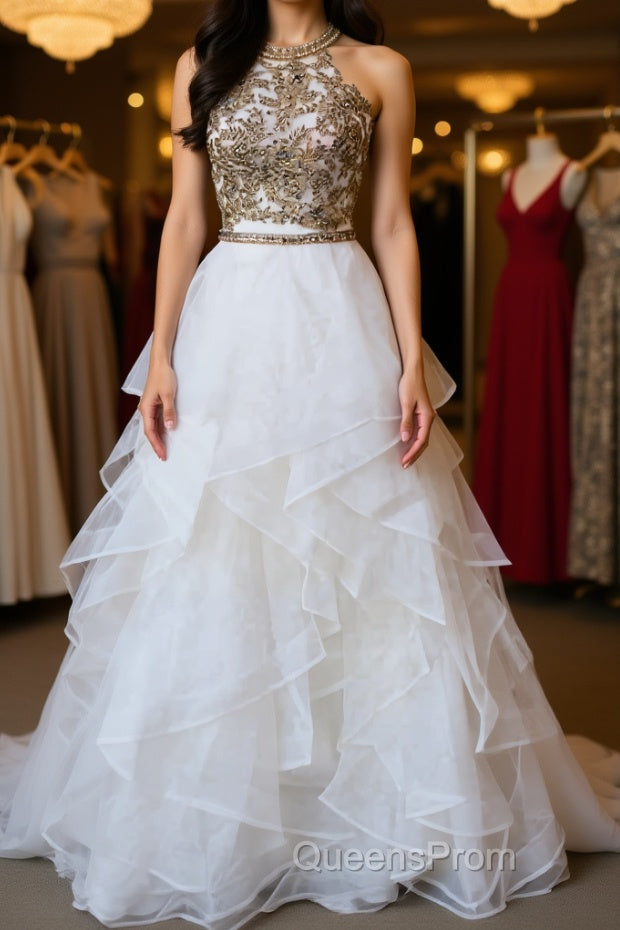 Two Pieces Lace White Tulle Long Evening Prom Dress, White Two Pieces Formal Dress, Evening Dress, Ball Gown Main image