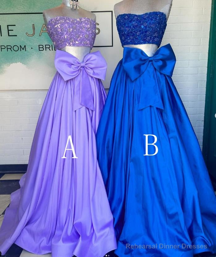 Two Pieces Long Prom Dress with Beaded Top and Bow Main image