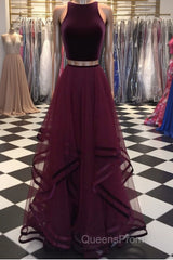 Two Pieces Maroon Long Evening Prom Dress, Dark Burgundy 2 Pieces Formal Evening Dress