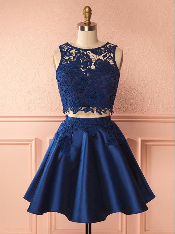 Two Pieces Navy Blue Lace Top Satin A Line Short Homecoming Dress Main image