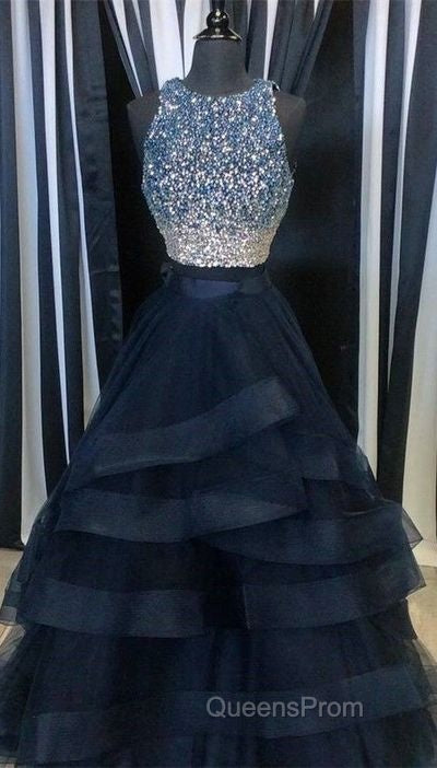 Two Pieces Navy Evening Prom Dress Halter Neckline, Evening Dress, Graduation School Party Dance Dress